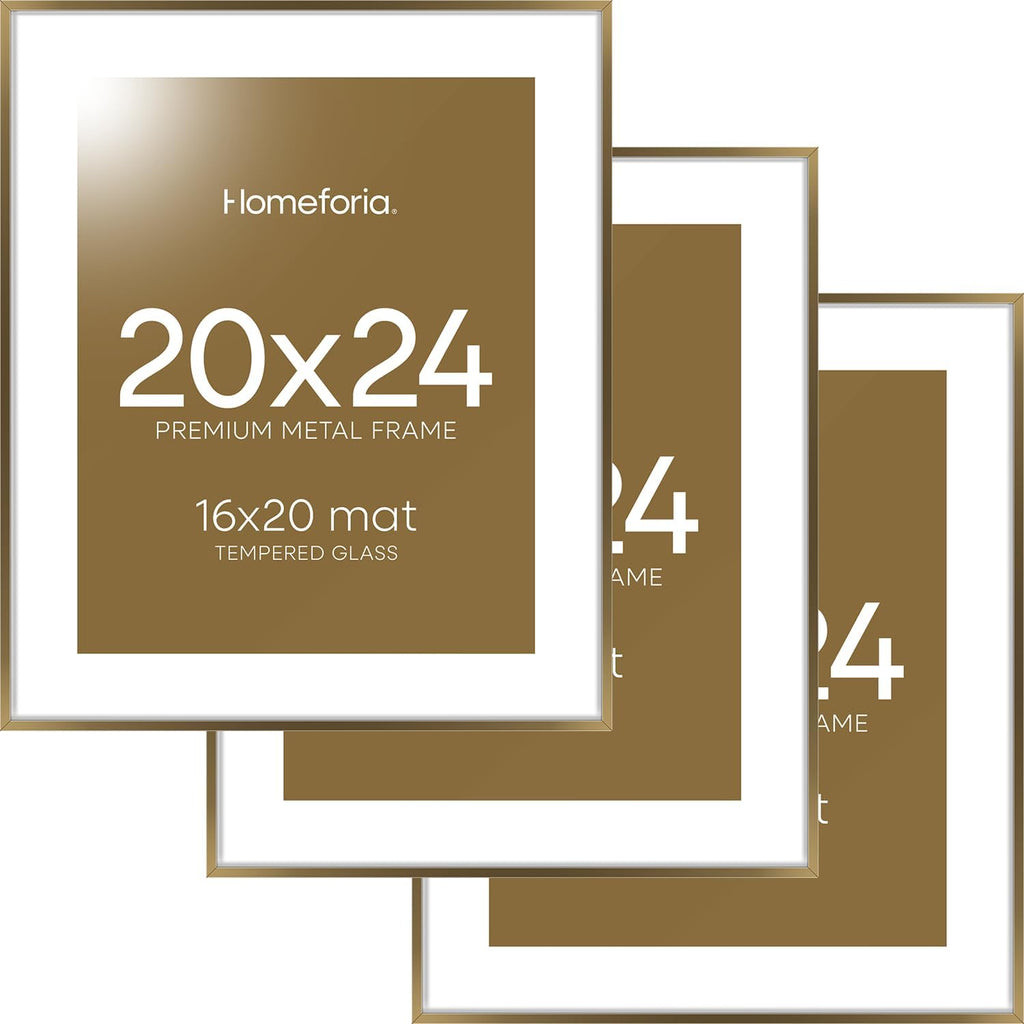 Homeforia Picture Bronze Frame 20x24, High End Metal 20x24 Brass Poster Frames with Mat 16x20 for Photo, 20 x 24 Frame Matted to 16 x 20 Print, 24x20 Hanging Frames, Tempered Glass, Wall Kit, Set of 3
