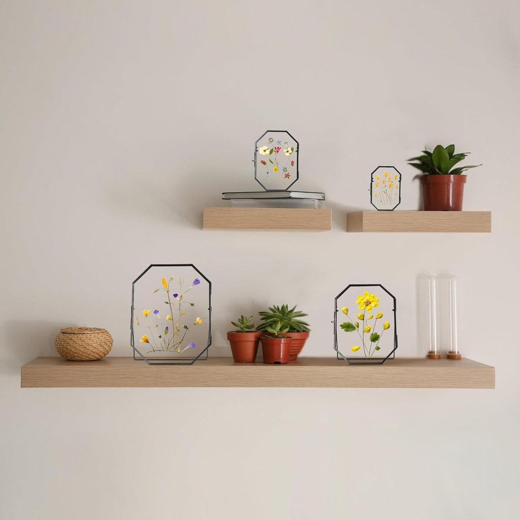 Glass Pressed Flower Frame Handmade, Metal Floating Picture Frame, Double Glass for Tabletop Display, Unique Brass Octagon, Black, 8x10 Inches (FRAME ONLY)