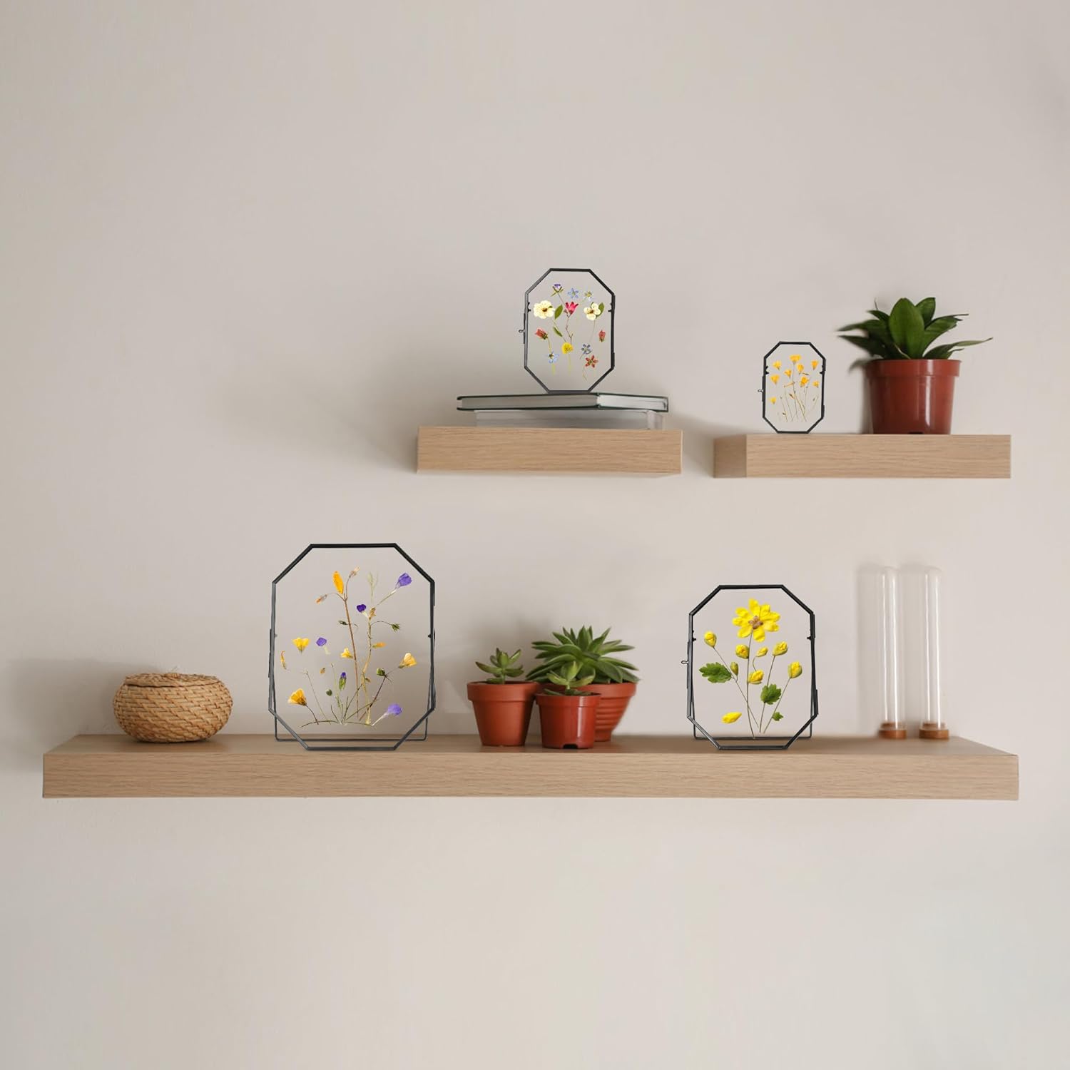 Glass Pressed Flower Frame Handmade, Metal Floating Picture Frame, Double Glass for Tabletop Display, Unique Brass Octagon, Black, 8x10 Inches (FRAME ONLY)