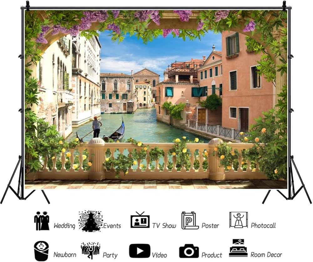 12x8ft Italy Venice Backdrop, Water City Italian Canal Gondolas River Backdrop for Photoshoot Historical Culture Scenery Photo Background Travel Portrait Photo Props