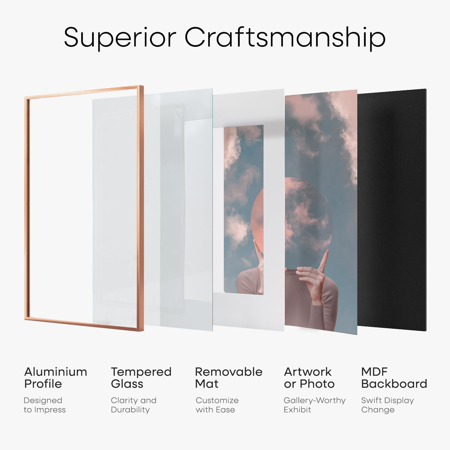 Homeforia 12x18 Picture Frame Rose Gold, High End Metal 12x18 Poster Frames with Mat 8.5x11 in Photo, 12 x 18 Rose Gold Frame Matted to 8.5 by 11 Print, 18x12 Frame, Tempered Glass, Wall Kit, Set of 1