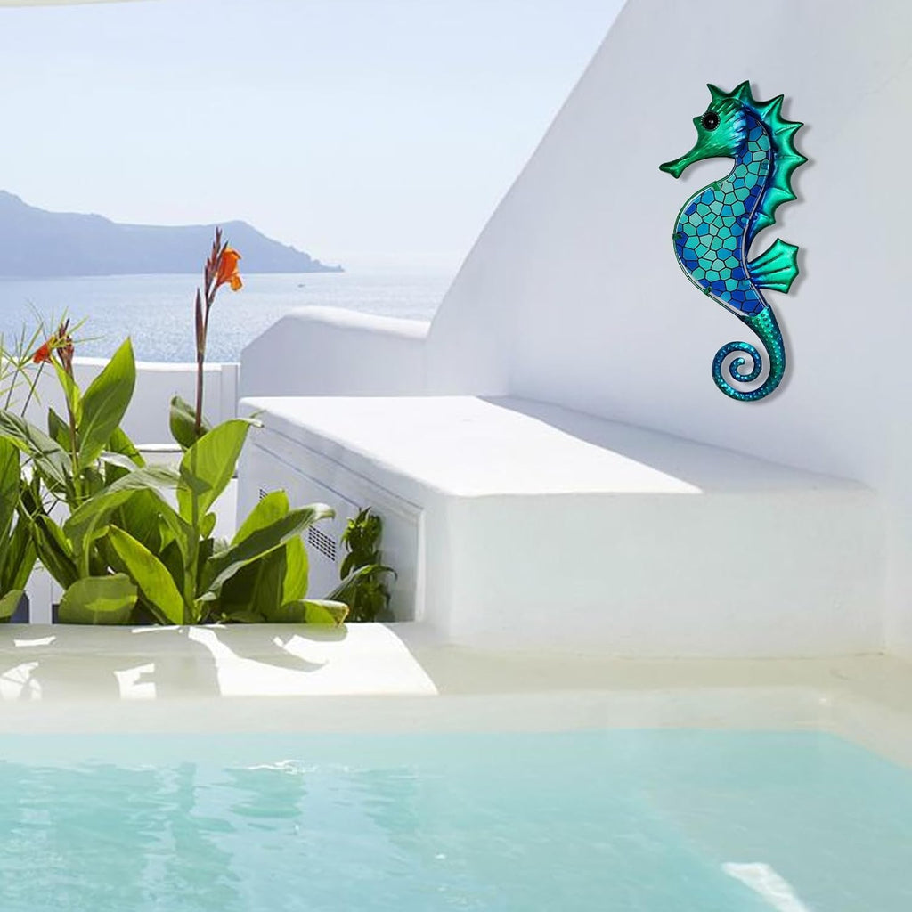 LIFFY Metal Seahorse Wall Art Mosaic Glass Ocean Wall Decor Coastal Sculpture Hanging Decoration for Home Garden Fence Pool Beach Bathroom