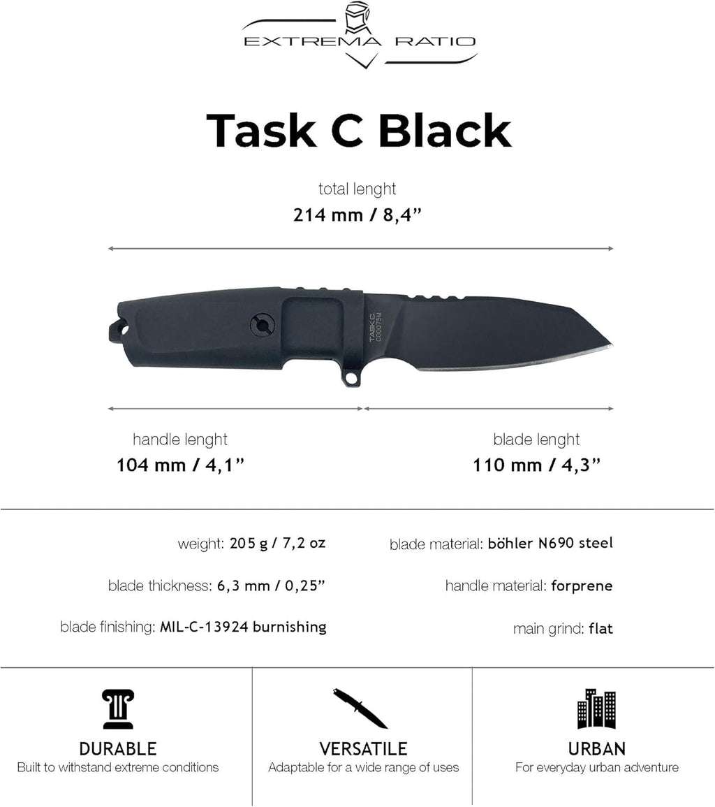 Extrema Ratio - Task C (Black) Fixed Blade Knife, Böhler N690 Steel Blade Hardened to 58 HRC, Burnished Finish, Full-Tang Design, Ergonomic Forprene Handle, Compact and Versatile, Precision Handcrafted in Italy, Reliable Outdoor Knife