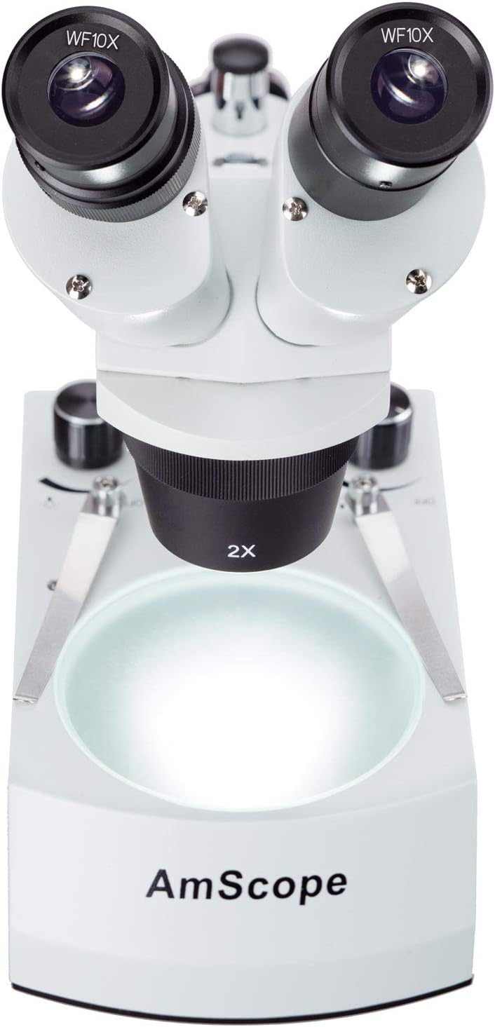 AmScope SE306R-PZ Forward Binocular Stereo Microscope, WF10x and WF20x Eyepieces, 10X-80X Magnification, 2X and 4X Objectives, Upper and Lower Halogen Light Source, Pillar Stand, 120V , White