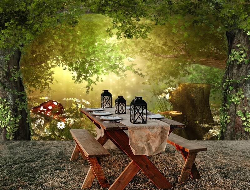 Fairy Tale Forest Wonderland Backdrops for Photography Vinyl 10x8ft Green Trees Wildflowers Daisy Mushroom Scenery Photo Background Portrait Kid Boy Girl Photoshoot Studio Prop Party Decor
