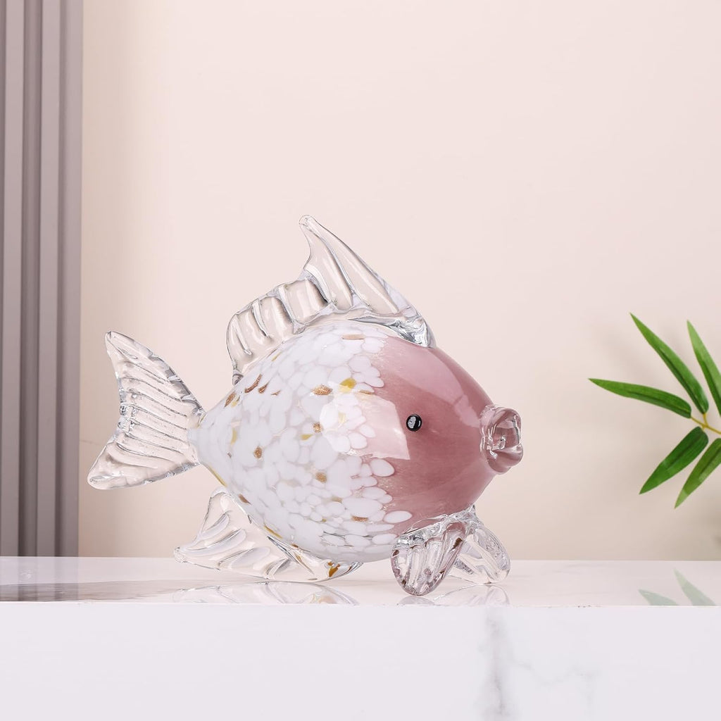 Large Hand Blown Glass Fish Figurines, Aquarium Sea Glass Art, Pink Fish Statue Sculpture Modern Coastal Accent - for Beach Knick Knacks, Coffee Tables, Nautical Offices Centerpiece