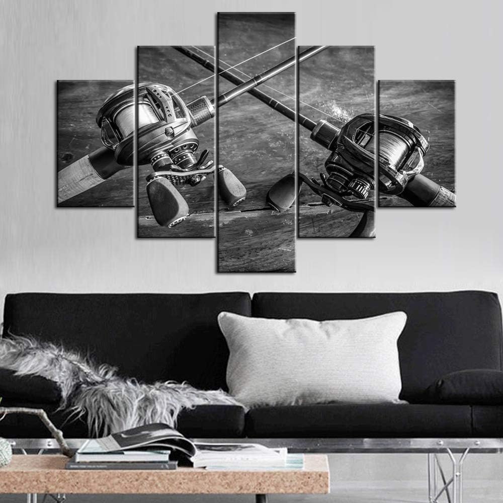 Black and White Pictures Angling Tools Paintings Fishing Sports Wall Art 5 Panel Printed on Canvas Grey Artwork for Living Room Rustic Home Decor Framed Ready to Hang Poster and Prints(60''WX40''H)