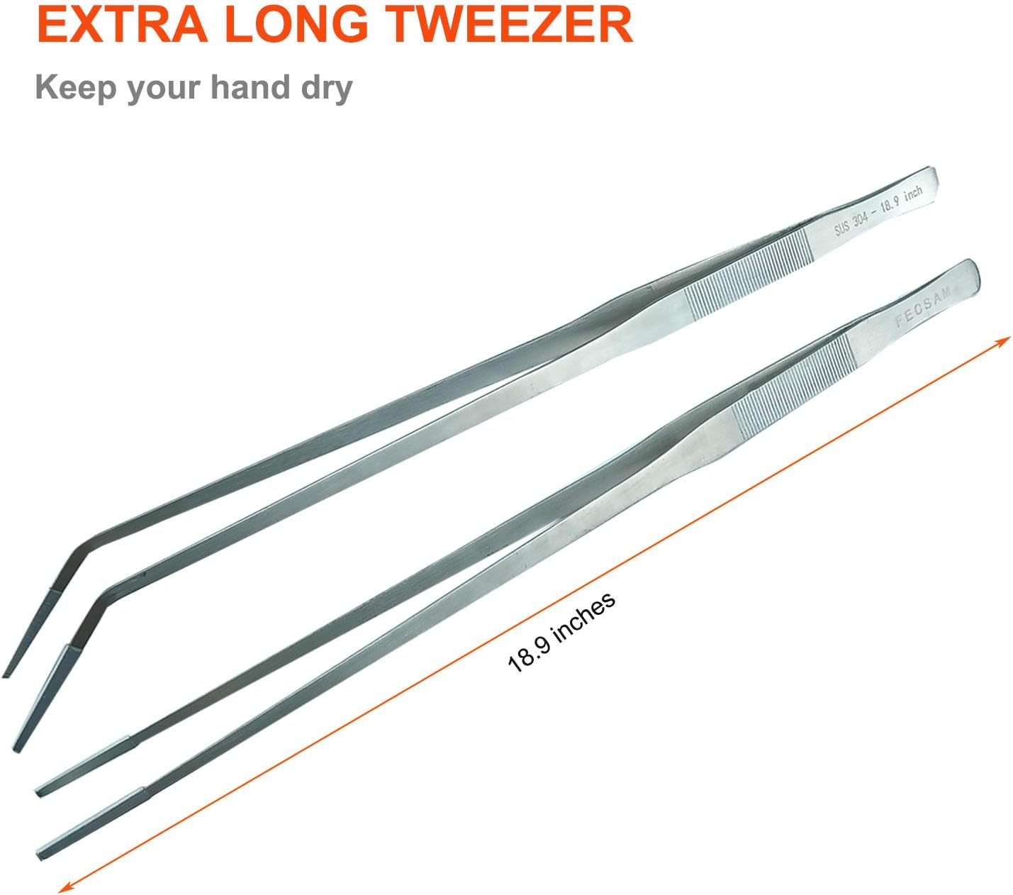 Extra Long Tweezers with Rubber Cover Tips, Fecsam Feeding Tongs - 2 Pack/18.9 inch Aquarium Stainless Steel Large Aquascape Tools for Fish Tank, Terrarium，Aquascaping, Reptile, Bearded Dragon