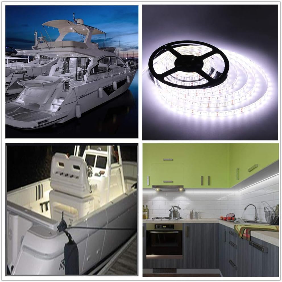 Pontoon LED Strip Lights, 12V 5M/16.4FT Waterproof Marine LED Light Boat Interior Lights, Boat Deck Light for Night Fishing, Ideal for Pontoon and Fishing Boat, Extension Cable Included (White)