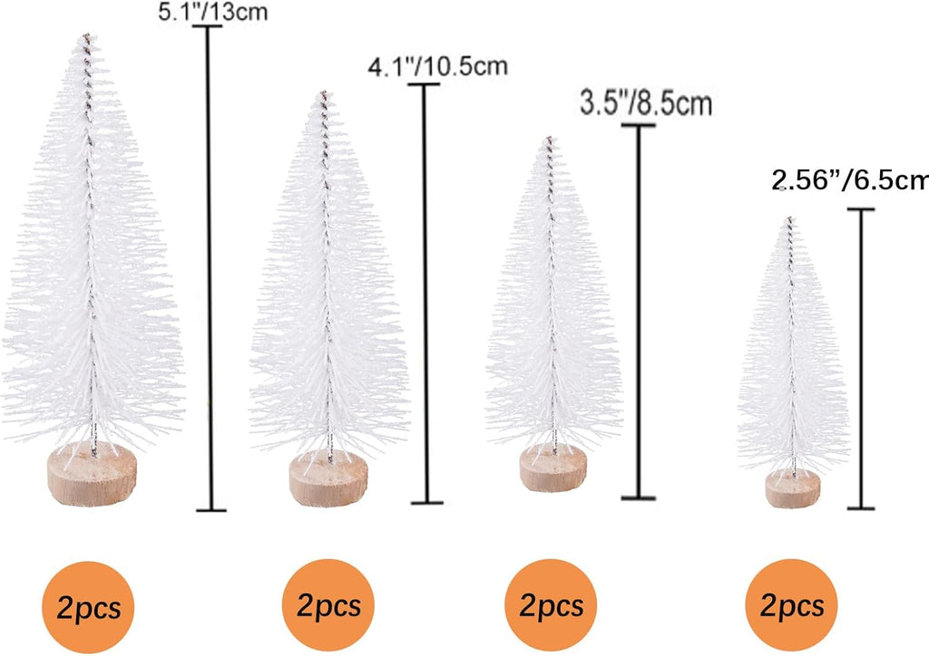 8 Pcs Artificial Mini Christmas Trees, Miniature Pine Trees Sisal Trees with Wood Base Tabletop Christmas Tree for Christmas Xmas Holiday New Year (Pure White, 8 pcs)