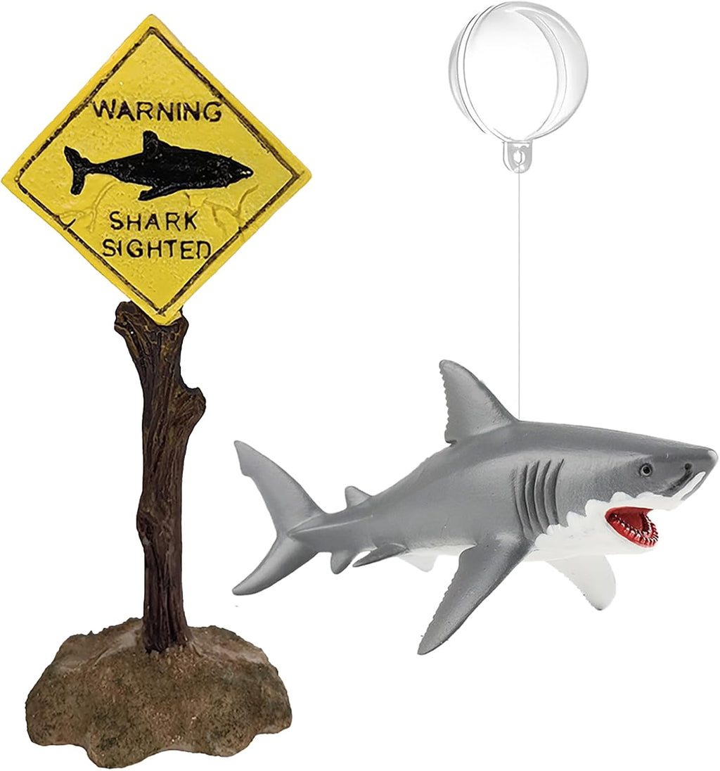 Aquarium Shark Décor Set - Floating Great White Shark with Shark Warning Sign for Fish Tanks - Decorative Accessories for Aquariums (Shark Sighted)