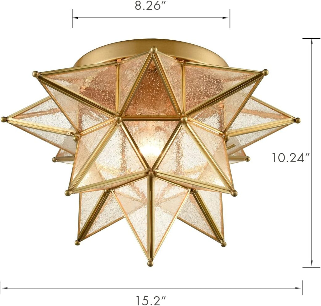 DAYCENT Modern Moroccan Seeded Glass Brass Moravian Star Flush Mount Ceiling Light, 15 Inches, 1-Light