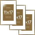 Homeforia 11x17 Bronze Picture Frame, High End Metal 11x17 Brass Poster Frames with Mat 8x12 for Photo, 11 x 17 Frame Matted to 8 by 12 inch Print, 17x11 Thin Frame, Tempered Glass, Wall Kit, Set of 3