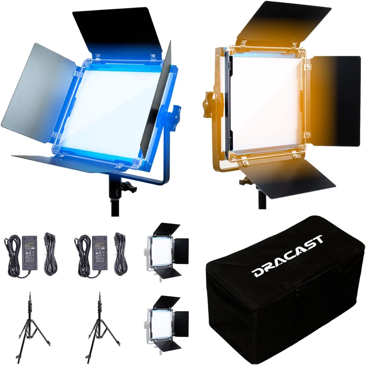 Dracast X Series Bicolor LED500 Kit - 2 Pack Includes Panel Lights, Stands, Barndoors, Travel Case | Bluetooth App Control | 3200K - 5600K LED Video Light Kit | Dimmable Lighting 0-100% | CRI TLCI 96+