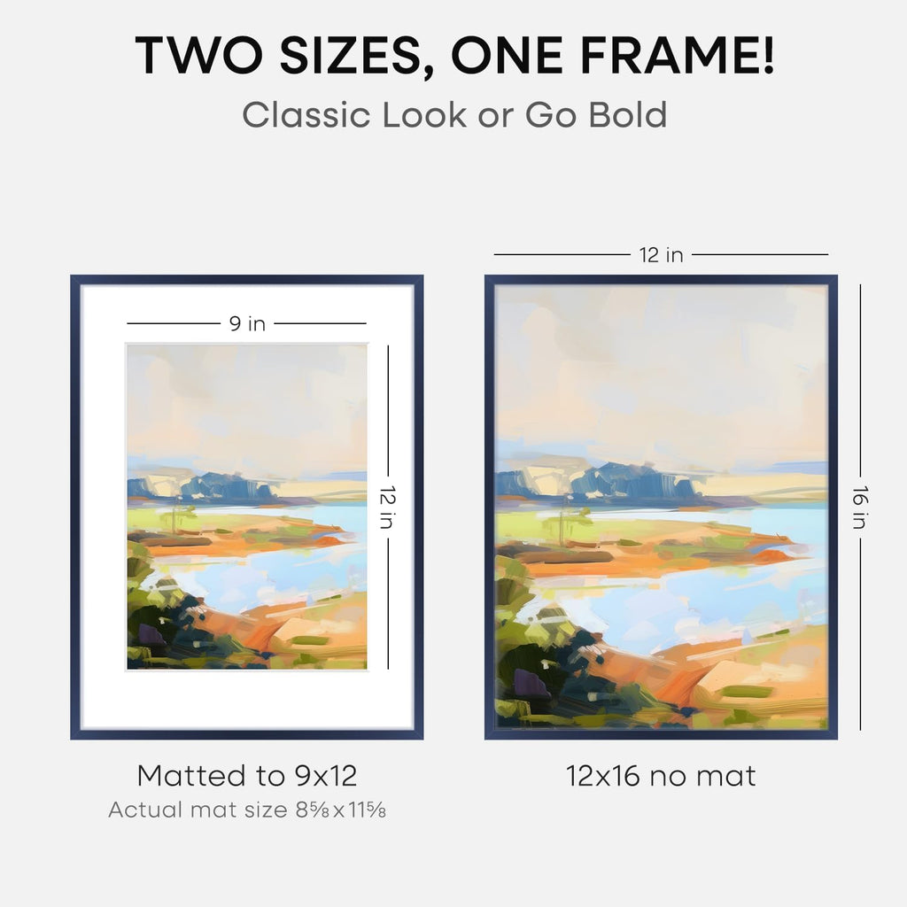 Homeforia 12x16 Navy Blue Picture Frame, High End Metal 12x16 Poster Frames with Mat 9x12 Photo, 12 x 16 Navy Blue Frame Matted to 9 by 12 Print, 16x12 Thin Frames, Tempered Glass, Wall Kit, Set of 1