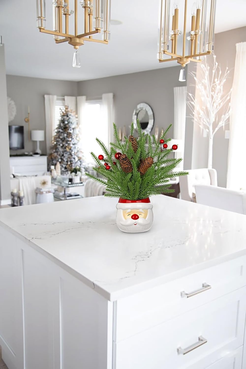 Hollyone Small Norfolk Pine Tree 10" Christmas Tree Tabletop Snowman Potted Plants with Vase Artificial Mini Xmas Tree Plant with Christmas Ball Ornaments Berries Pine Cones Slim Tree Party Home Decor
