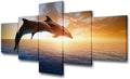 House Decorations Living Room Jumping Couple Dolphins Fish Pictures Sea Sunset Paintings Multi Panel Canvas Wall Art Undersea Animal Artwork Framed Giclee Ready to Hang Poster and Prints(50''Wx24''H)