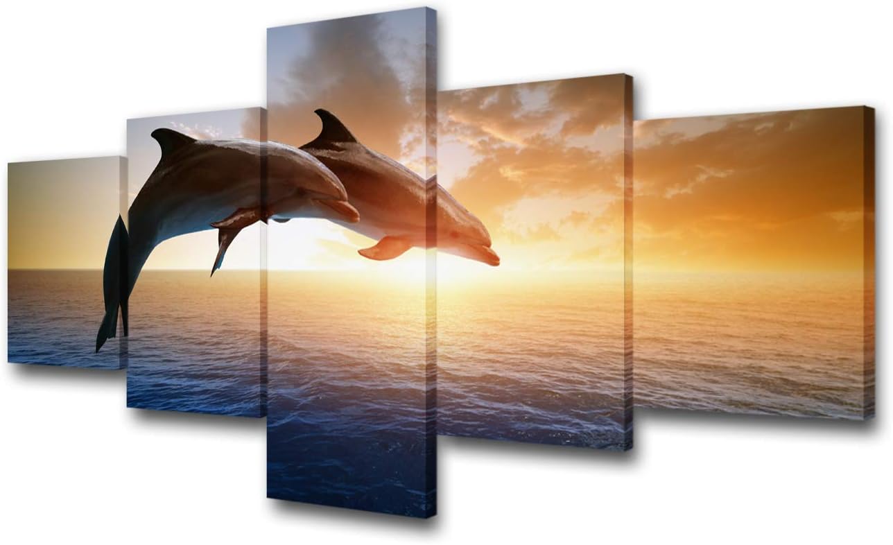House Decorations Living Room Jumping Couple Dolphins Fish Pictures Sea Sunset Paintings Multi Panel Canvas Wall Art Undersea Animal Artwork Framed Giclee Ready to Hang Poster and Prints(50''Wx24''H)