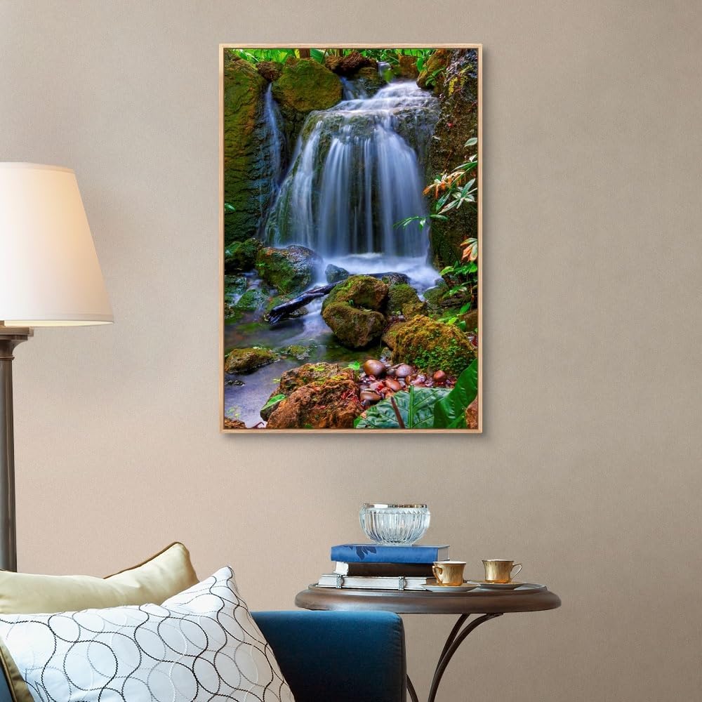 CANVAS ON DEMAND Waterfall in Tropical Rainforest of Fairchild Tropical Gardens, Natural Wood Float Framed Canvas Wall Art Print, Home Decor, Floral, Flowers, Nature Artwork, 24" x36in