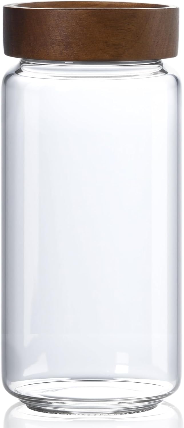 30 fl oz/900 ml Glass Jar with Airtight Wooden Screw Top Lid, Clear Stackable Food Storage Canister, Large Tall Decorative Glass Container for Coffee, Candy, Cookie, Sugar, Oatmeal, Pasta
