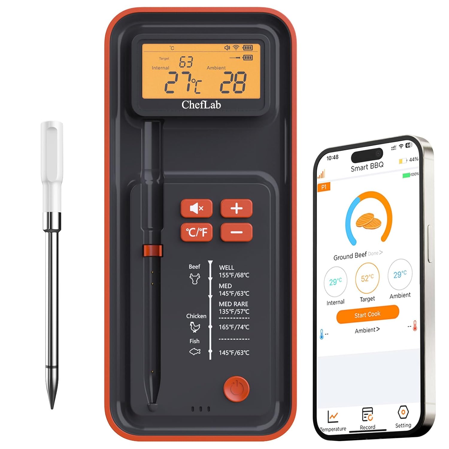 AI Digital Meat Thermometer, 500 ft Long Range Bluetooth Grill Thermometer for Smoker, Oven, BBQ, Digital Food Thermometer for Kitchen Cooking (Single Probe)