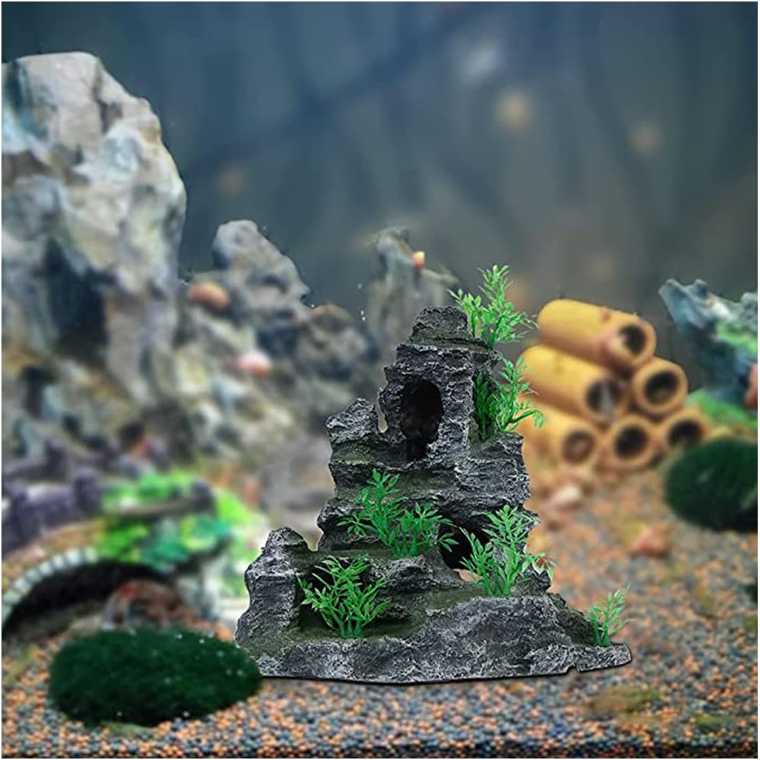 AnRui Aquarium Mountain View Rock Landscaping Decorations Fish Tank Resin Rock Hiding Cave Ornaments with Small Plant
