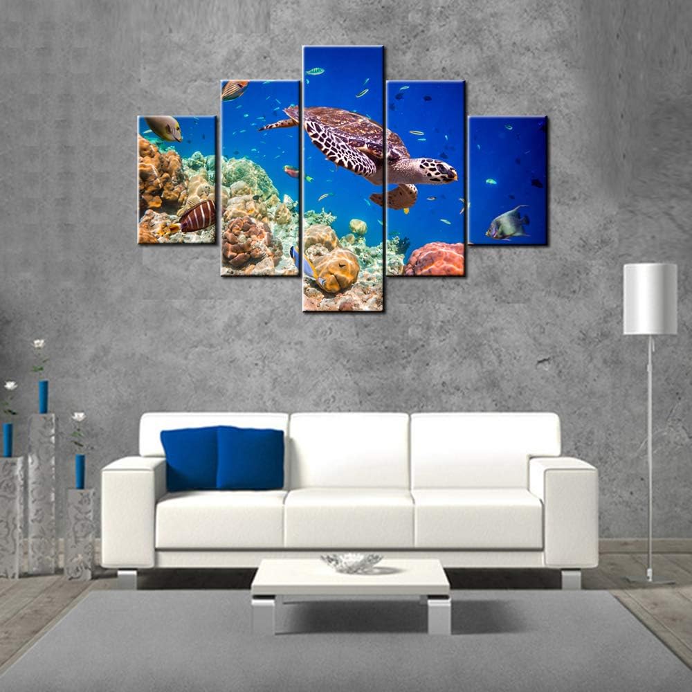 Artwork for Walls Turtle and Tropical Fishes Wall Art Seaview Pictures for Living Room 5 Piece Printed on Canvas Blue Paintings Modern Home Decor Framed Gallery-Wrapped Ready to Hang(60''Wx40''H)