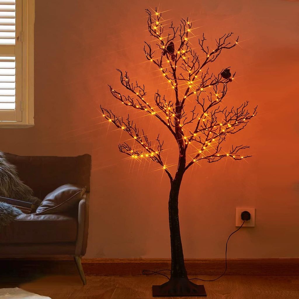 Birchlitland Halloween Tree with Lights 150 Orange Fairy Lights, 4TF Tell Black Glittered Tree Lights Pull in for Indoor and Outdoor Halloween Party Decoration