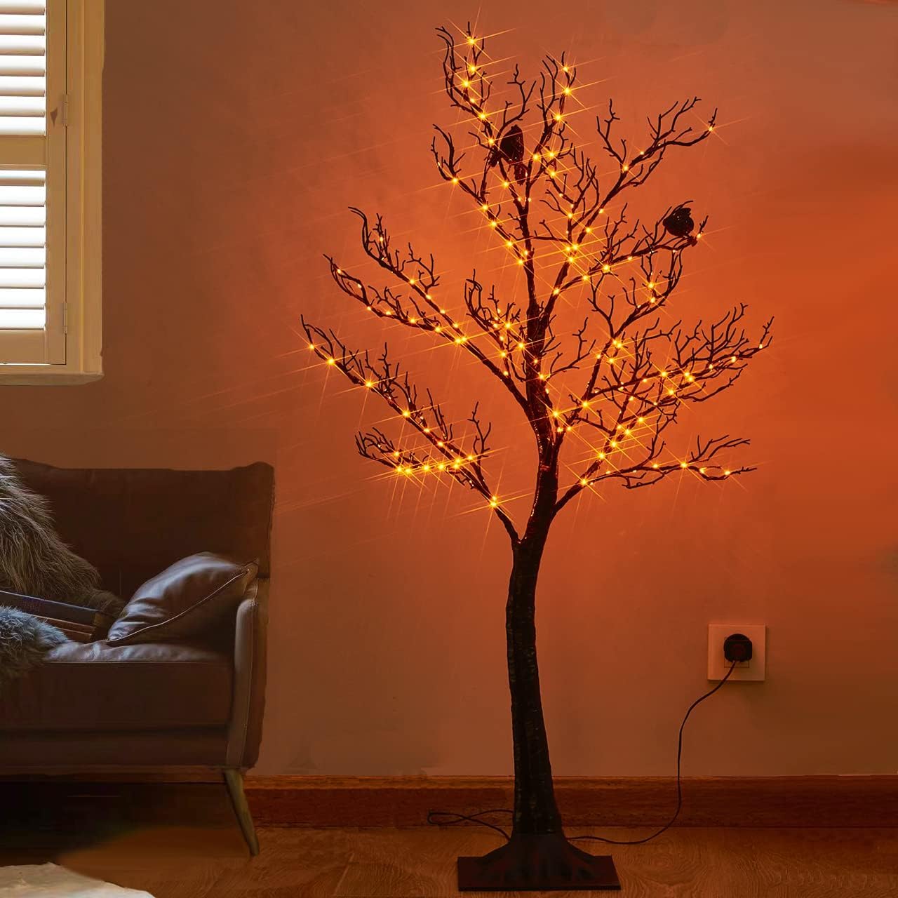 Birchlitland Halloween Tree with Lights 150 Orange Fairy Lights, 4TF Tell Black Glittered Tree Lights Pull in for Indoor and Outdoor Halloween Party Decoration
