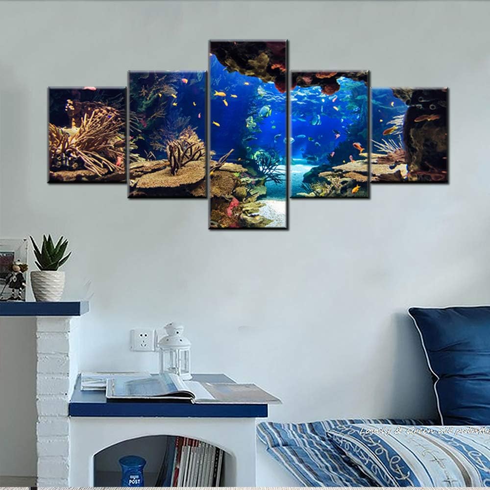 Ocean Fish Picture for Living Room Underwater World Painting Coral Reef Artwork Undersea Sea Life Wall Art 5 Piece Print on Canvas Giclee Aquarium Home Modern Decor Framed Ready to Hang(50''W x 24''H)