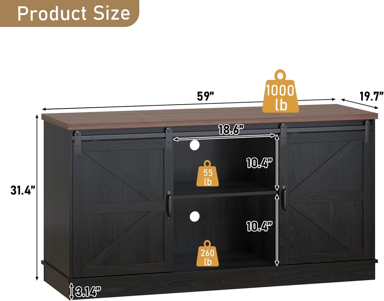 Farmhouse 75-120 Gallon Fish Tank Stand with Power Outlet, Aquarium Stand w/Cabinet&Sliding Barn Door, Heavy Duty Reptile Tank Stand for Fish/Turtle/Reptile Terrarium, 1000LB Capacity, Black