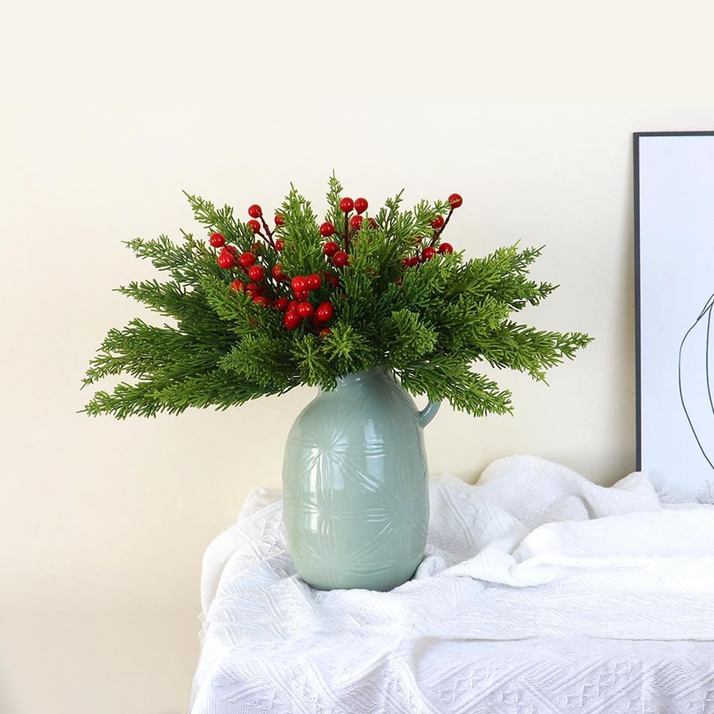 45 Pcs Christmas Artificial Pine Branches with Red Berry Stems 13" Faux Evergreen Norfolk Pine Cypress Leaves Stems Fake Foliage Pine Needles Picks for DIY Craft Garland Indoor Home Decor