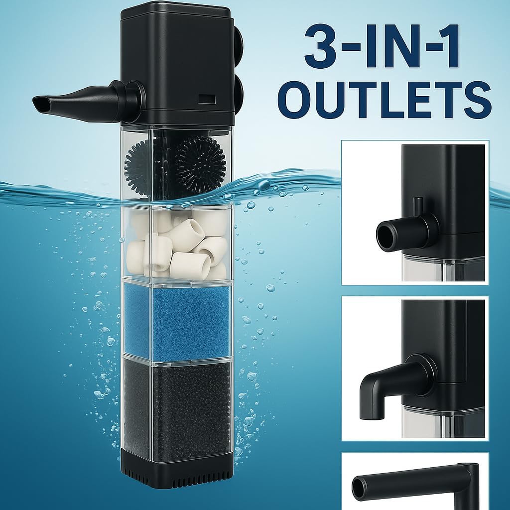 Submersible Aquarium Filter 400GPH for 10–200 Gallon Tanks | 3-Stage Quiet Filtration System with Wave-Maker | Freshwater & Saltwater Fish Tank or Pond Use