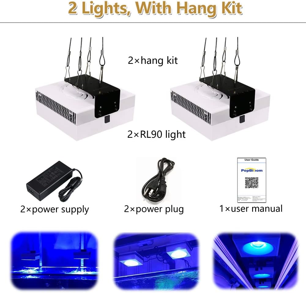 PopBloom RL90 Reef 2PCS Marine Led Aquarium Light Full Spectrum for 36"-48" Reef Coral SPS LPS Reef Coral Saltwater Tank Lamp(RL90-White with Hang Kit, Phone Control)