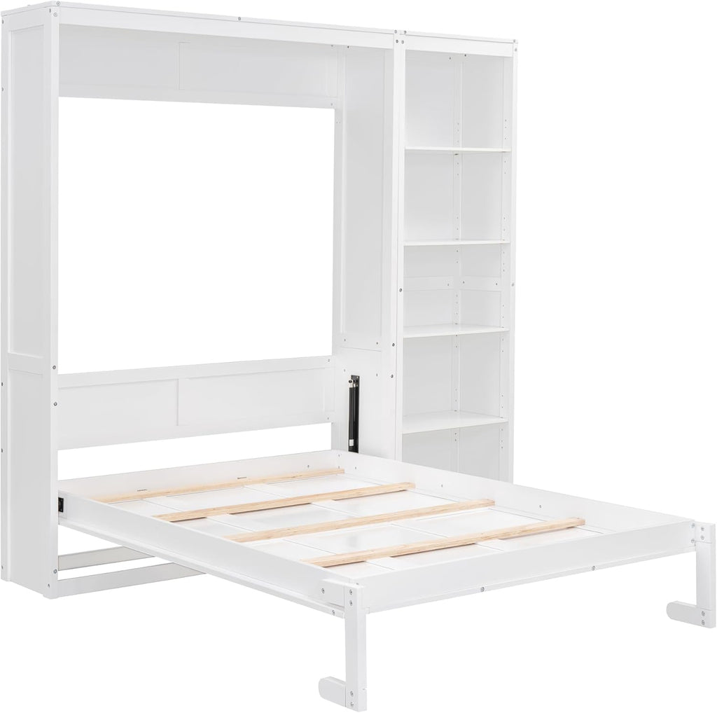 MERITLINE Full Murphy Bed with Storage Bookcase Shelves,Wood Folding White Murphy Wall Bed Cabinet