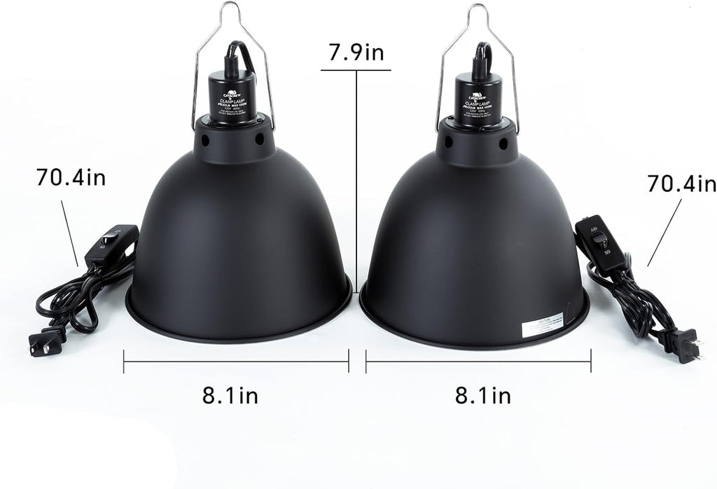 2 Pack Reptile Light Fixture, 8.1in Deep Dome Reptile Heat Lamp Fixture with Switch, Dual Terrarium UVB Basking Light Fixture for Bearded Dragon Snake Lizard, Suitable for E26 Bulb Up to 150W