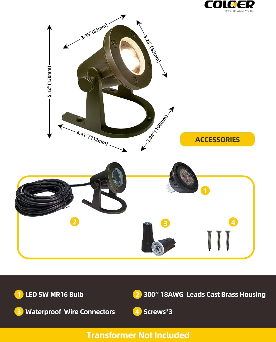 COLOER Brass Underwater Lights(Bronze) with LED MR16 Bulb 12V Low Voltage Fountain Lights IP68 Waterproof Copper Outdoor Landscape Lighting for Swimming Pool Ponds or Outside Water as Spotlight