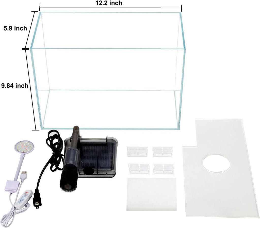 3 Gallon Glass Small Fish Tank, Betta Fish Tank Starter Kit with Filter, Lights,Lid.