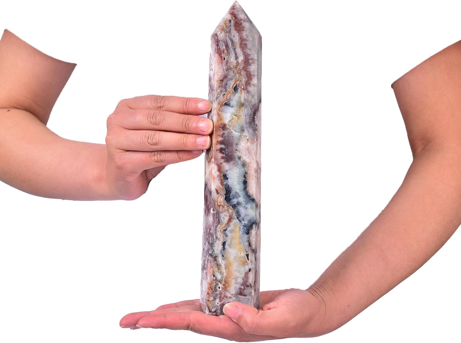 JIC Gem Large Gemstone Crystal Obelisk Points Wand 6 Faceted Striped Agate Healing Crystal Tower Wand Decor Chakra Stone Gift 1.7-2.2 Lbs