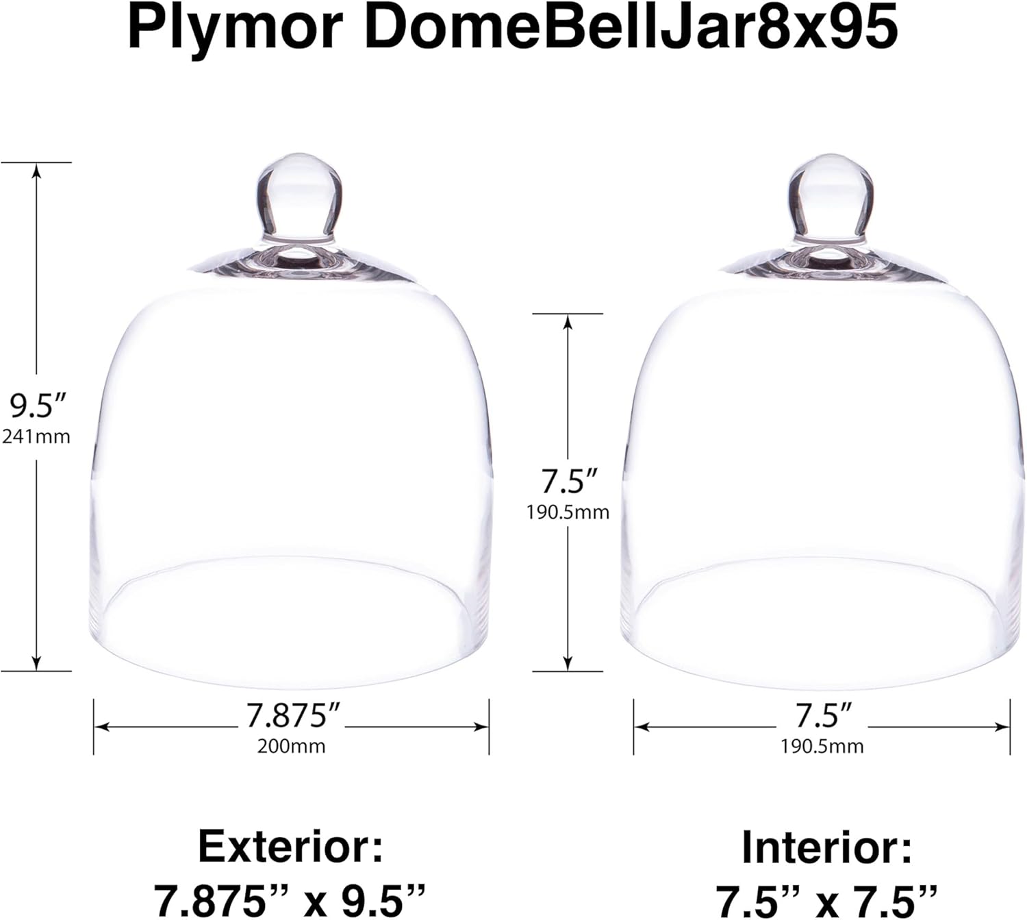 Plymor 7.875 inch x 9.5 inch Bell Jar Glass Display Dome Cloche (Interior Size 7.5" x 7.5")