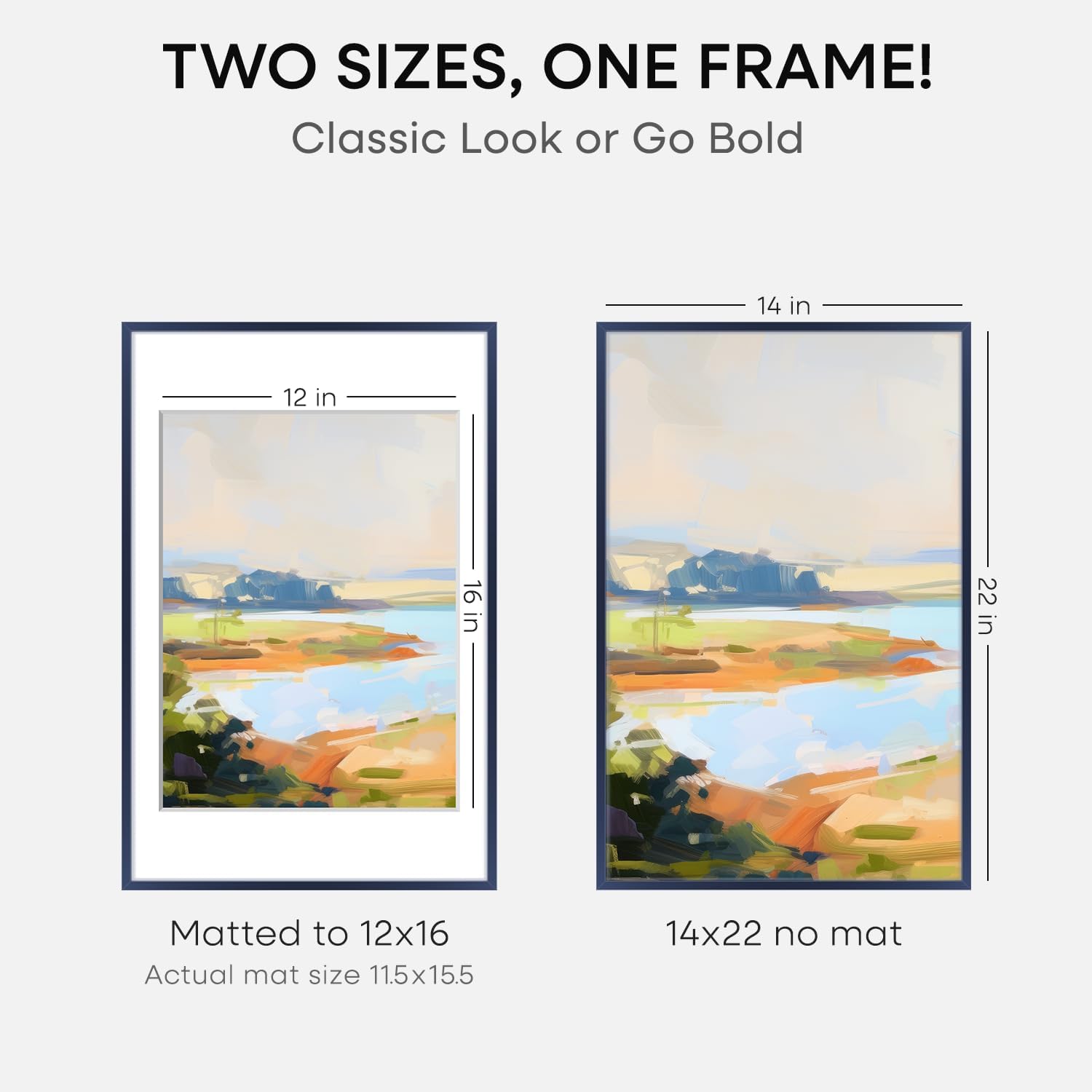 Homeforia 14x22 Picture Frame Navy Blue, High End Metal 14x22 Poster Frames with Mat 12x16 inch Photo, 14 x 22 Navy Blue Frame Matted to 12 by 16 Print, 22x14 Frame, Tempered Glass, Wall Kit, Set of 1