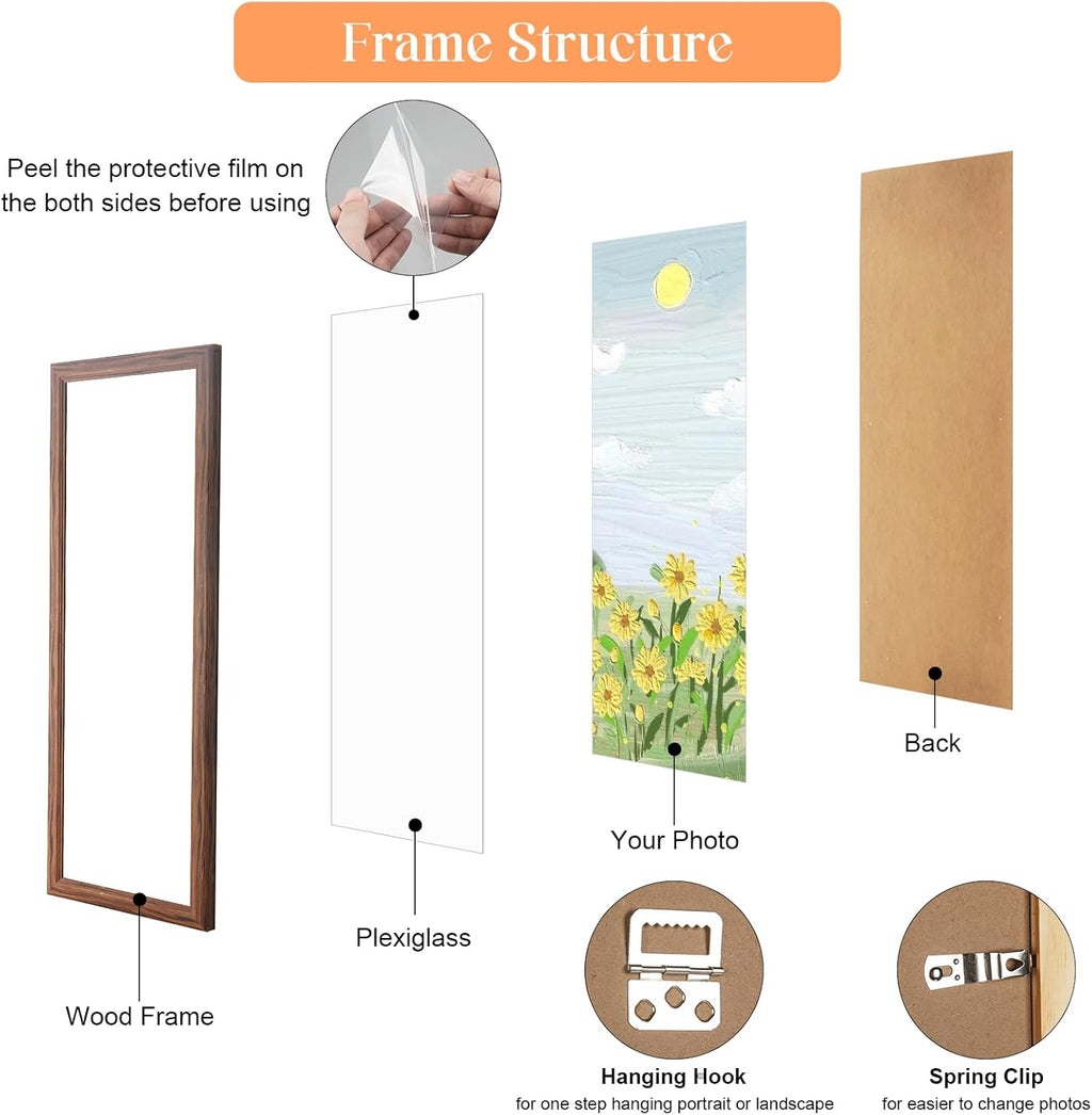 5x15 Wood Frame Brown, Rustic Natural Wooden 15x5in Poster Picture Frame, Distressed 5 x 15inch Woodgrain Gallery Photo Frame with HD Plexiglass, Horizontal Vertical Wall Mounting Display 1pcs