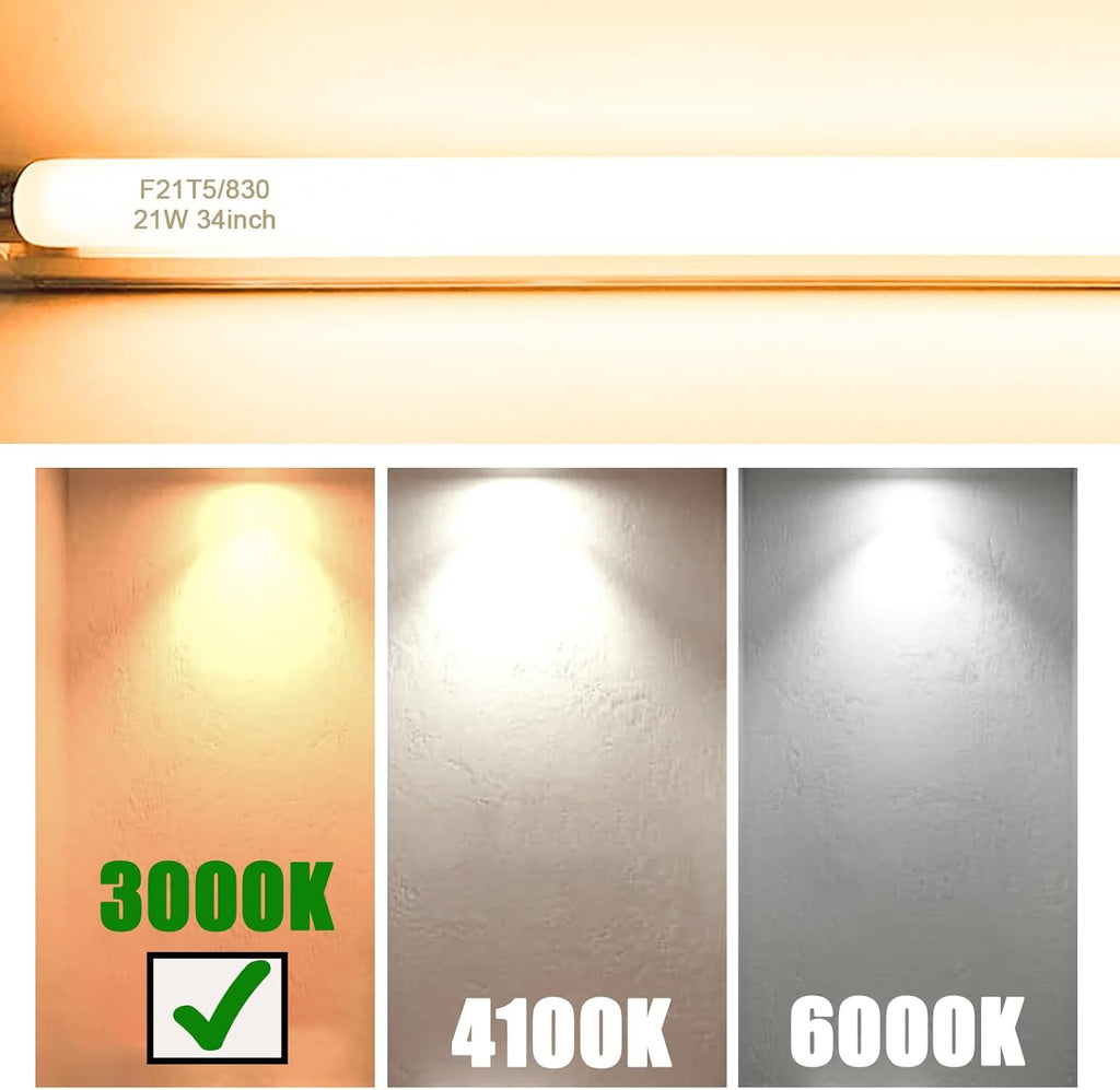 F21T5/830 21 Watt 34 Inches T5 Fluorescent Light Bulb, 3000K Warm White, 2100 Lumens, 20000 Hour Lifespan, Mini Bi-Pin Base, 6 Pack