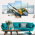 Angling Wall Art for Living Room Fishing Rod and Reel Pictures Ocean Seascape Paintings 5 Panel Prints Artwork on Canvas Modern Home Decor Giclee Wooden Framed Stretched Ready to Hang(60''Wx32''H)