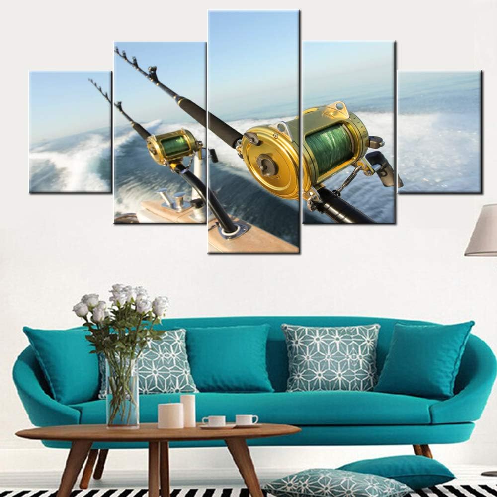 Angling Wall Art for Living Room Fishing Rod and Reel Pictures Ocean Seascape Paintings 5 Panel Prints Artwork on Canvas Modern Home Decor Giclee Wooden Framed Stretched Ready to Hang(60''Wx32''H)