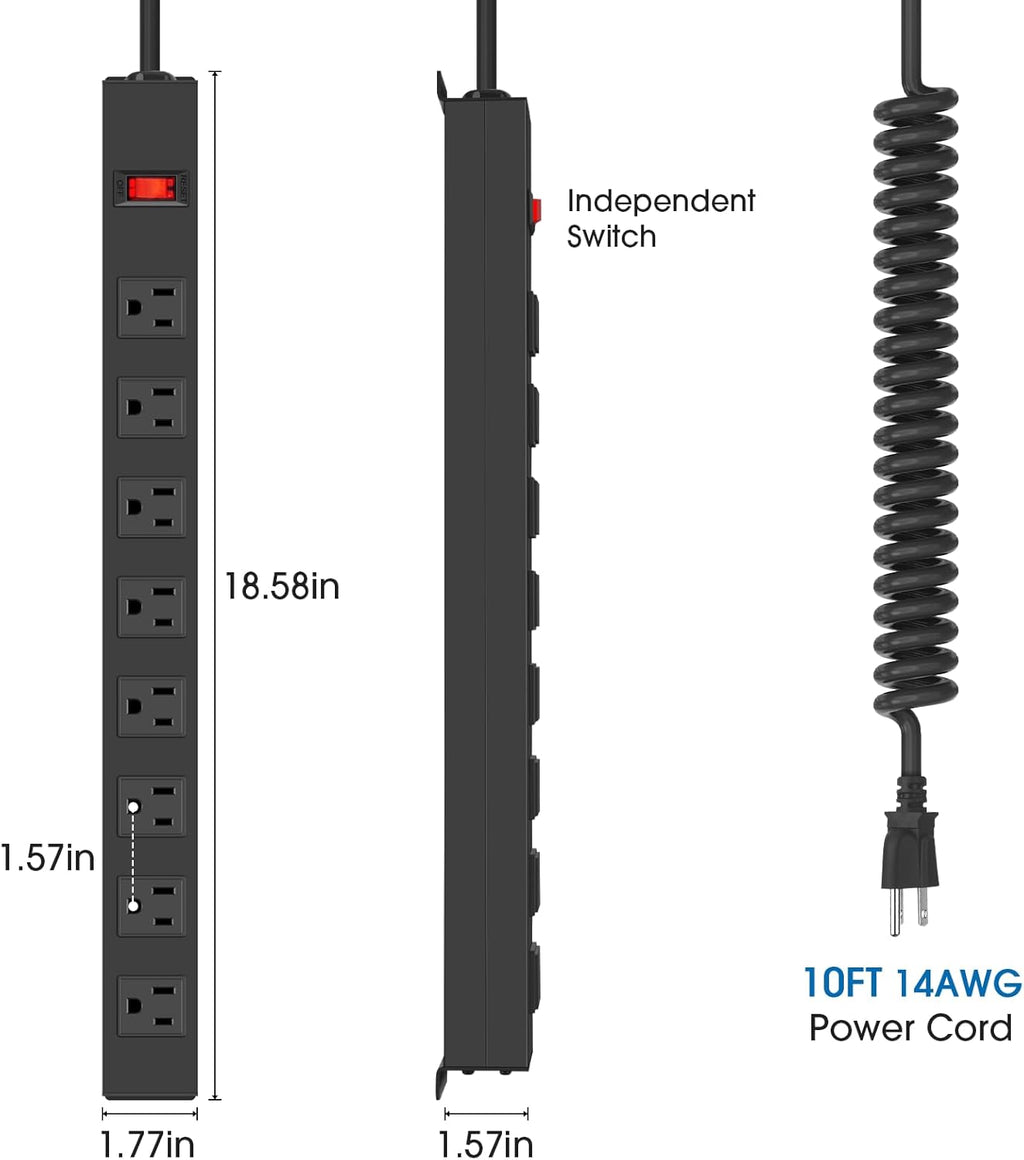 HHSOET 8 Outlet Metal Wall Mount Power Strip, Surge Protector Long Power Strip with Switch, Heavy Duty Wide Spaced Surge Protector, 10 FT SJT 14AWG Black Spring Cord.