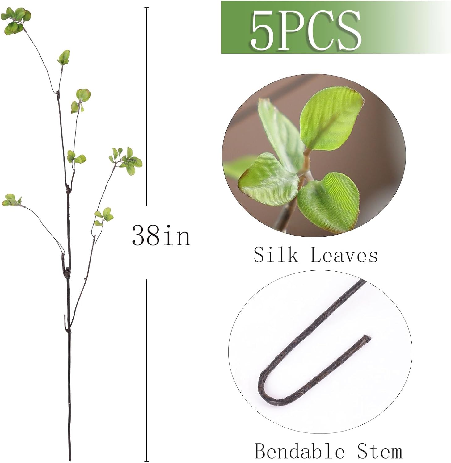 mizii 5pcs Artificial Greenery Stems 38in Realistic Faux Ficus Branches Long Stem with Green Leaves Fake Plants Eucalyptus Stems Greenery Decoration for Vase Table Room Home Indoor Decor (Green)