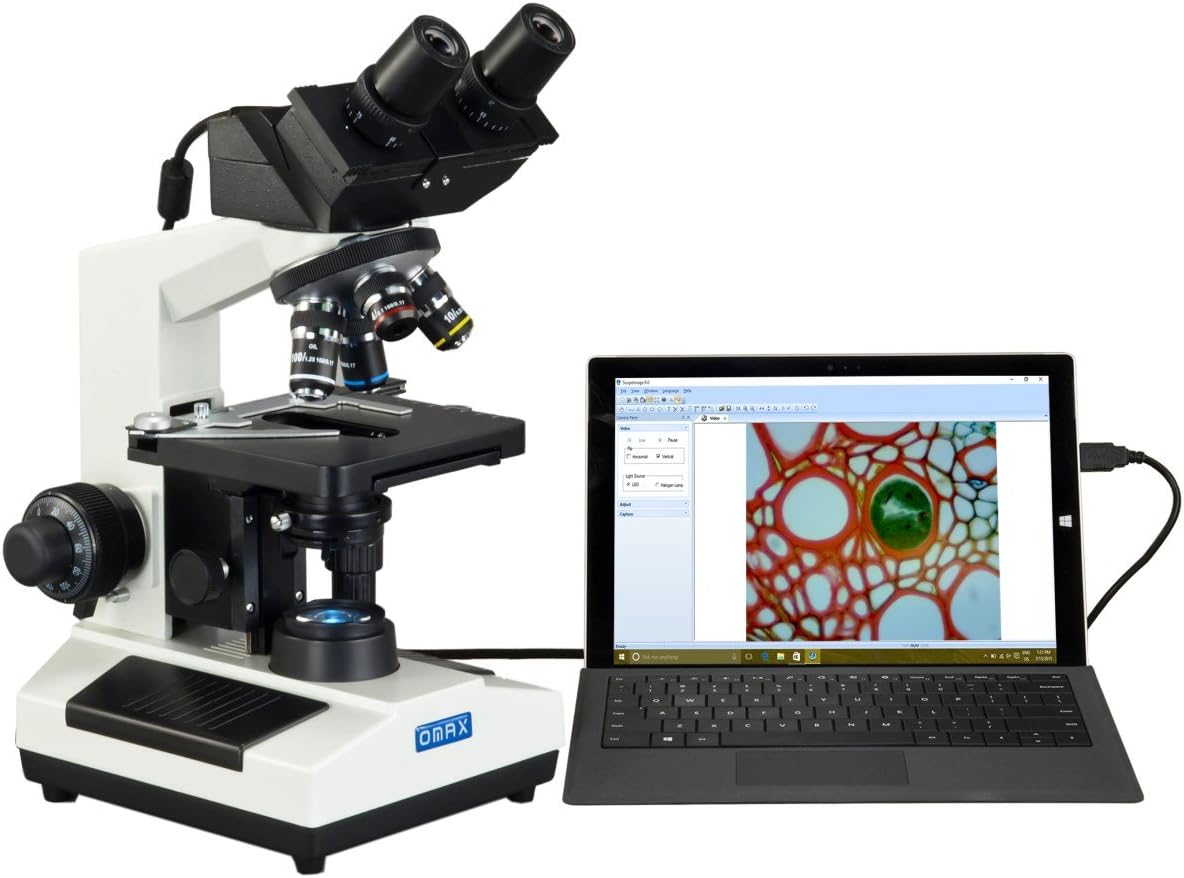 OMAX 3MP Digital Integrated Microscope with LED Illumination - 40X-2000X Magnification - Binocular Compound Microscope with Coaxial Coarse & Fine Focus