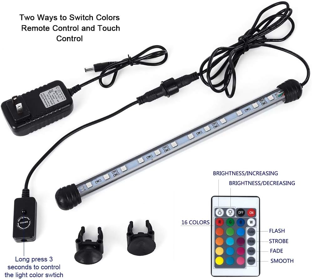 MQ 12 in Submersible LED Aquarium Light, 2W Color Changing Fish Tank Light with Remote Control, IP68 Crystal Glass 12 LEDs Lights Bar, for Fish Tank 15-20 inch