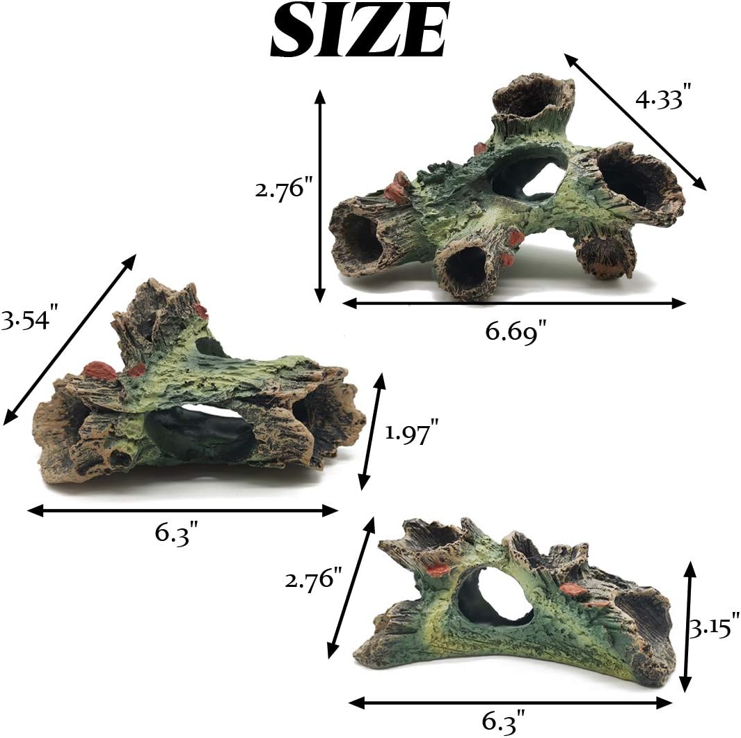 TIHOOD 3PCS Decaying Trunk Aquarium, Betta Fish Ornament, Freshwater Decoration - Resin Log With Holes and Caves for Fish Tank